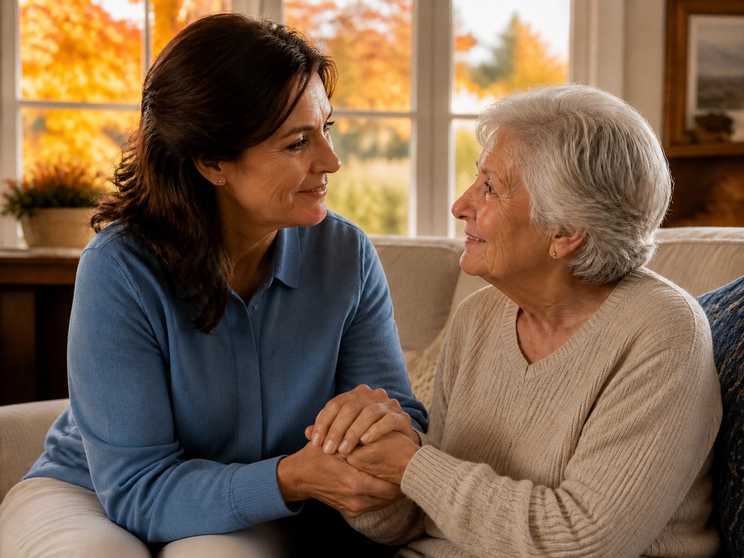 Caregiver holding hands with an elderly woman in a warmly lit home