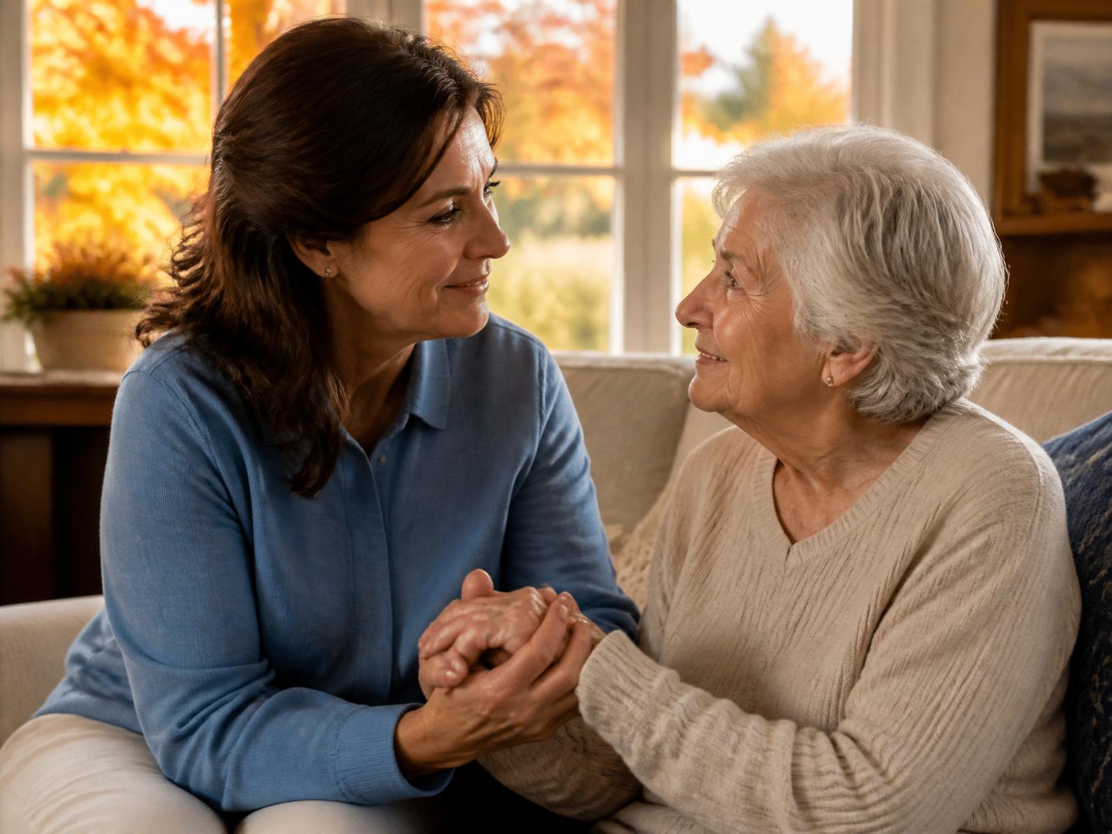 Caregiver holding hands with an elderly woman in a warmly lit home